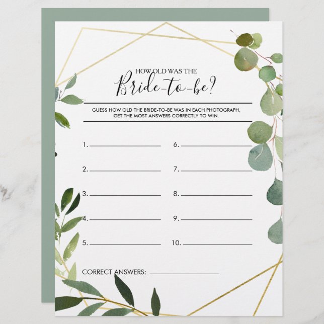 How Old Was the Bride-To-Be Bridal Shower Game (Front/Back)