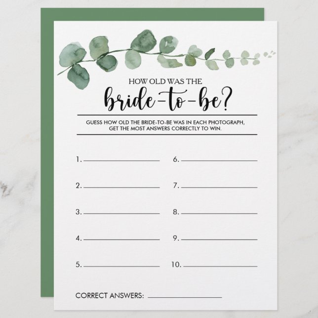How Old Was the Bride-To-Be Bridal Shower Game (Front/Back)