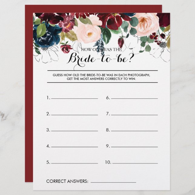 How Old Was the Bride-To-Be Bridal Shower Game (Front/Back)