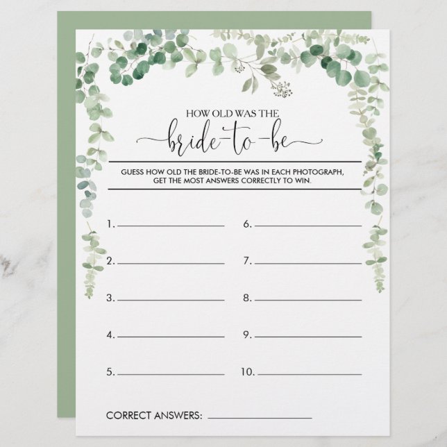 How Old Was the Bride-To-Be Bridal Shower Game (Front/Back)