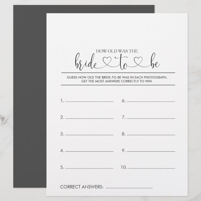 How Old Was the Bride-To-Be Bridal Shower Game (Front/Back)