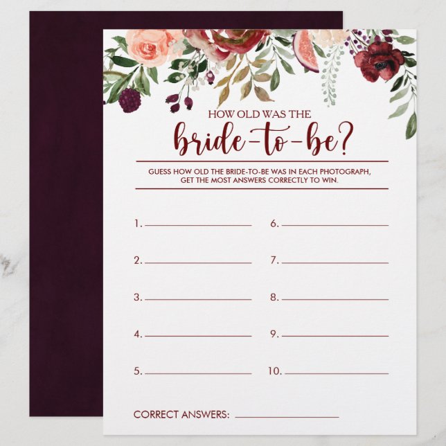 How Old Was the Bride-To-Be Bridal Shower Game (Front/Back)