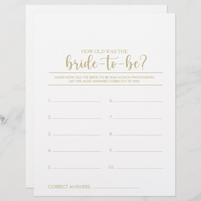 How Old Was the Bride-To-Be Bridal Shower Game (Front/Back)