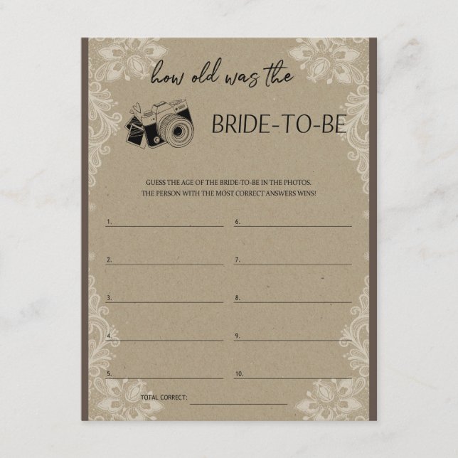 How Old Was the Bride to Be Bridal Shower Game Enclosure Card (Front)