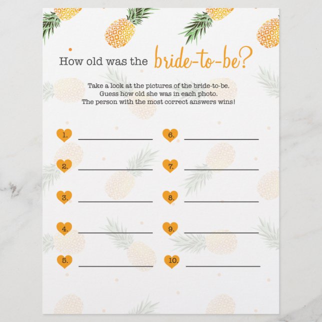 How old was the bride to be shower game pineapple (Front)