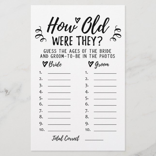 How old were they Bridal Shower or Hen Party game (Front)