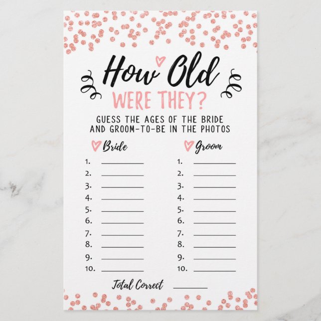 How old were they Bridal Shower or Hen Party game (Front)