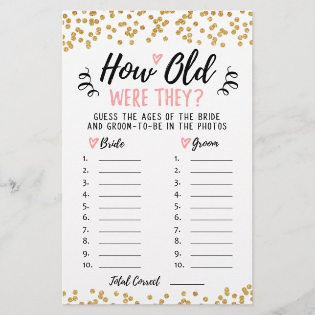 How old were they Bridal Shower or Hen Party game (Front)