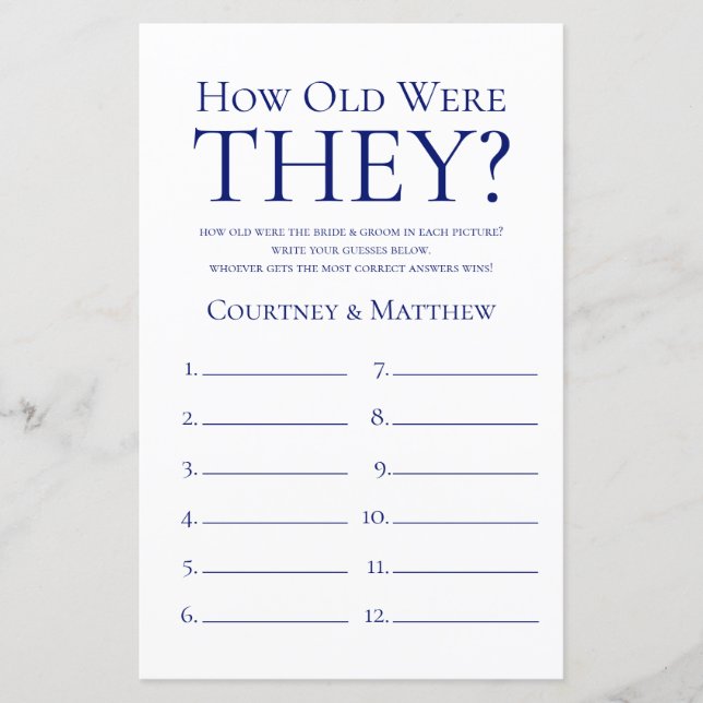 How Old Were They Navy Blue Bridal Shower Game (Front)