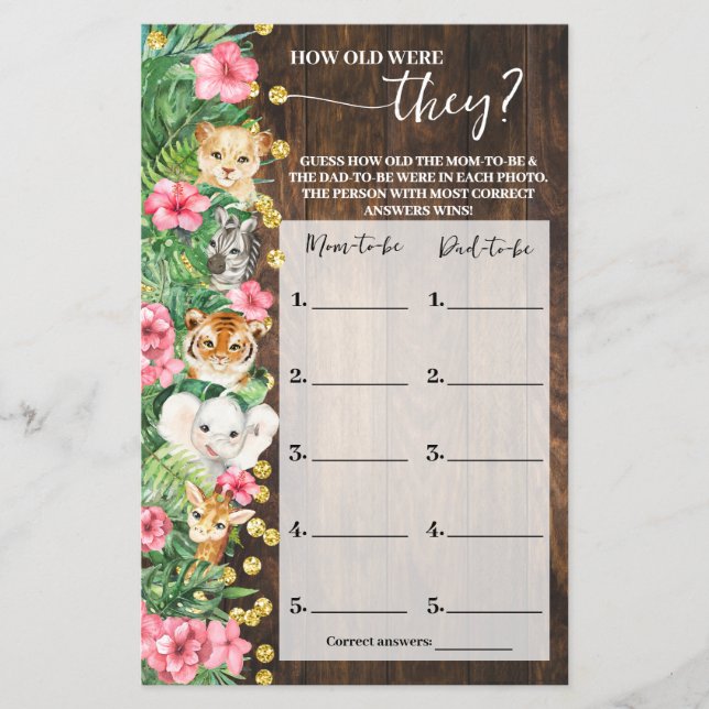 How old were They Pink Safari Shower Game Card (Front)