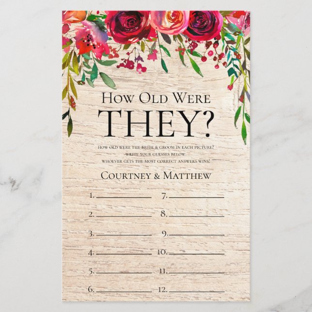 How Old Were They Rustic Floral Bridal Shower Game (Front)