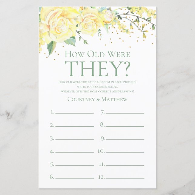 How Old Were They Yellow Floral Bridal Shower Game (Front)