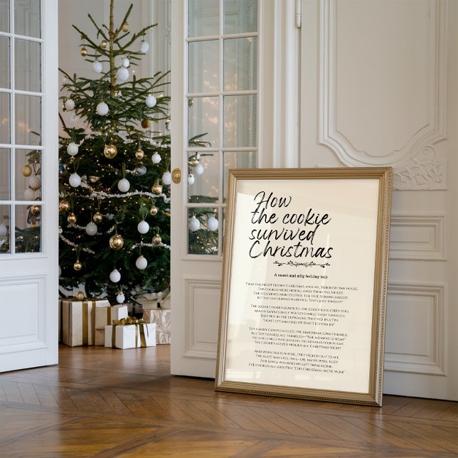 How The Cookie Survived Christmas Funny Print (Against the wall, there is a framed funny Christmas print titled “How the cookie survived Christmas")