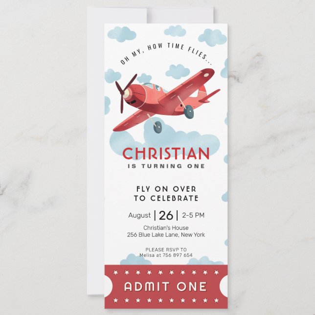 How time Flies Red Airplane Admit One Party Ticket Invitation (Front)