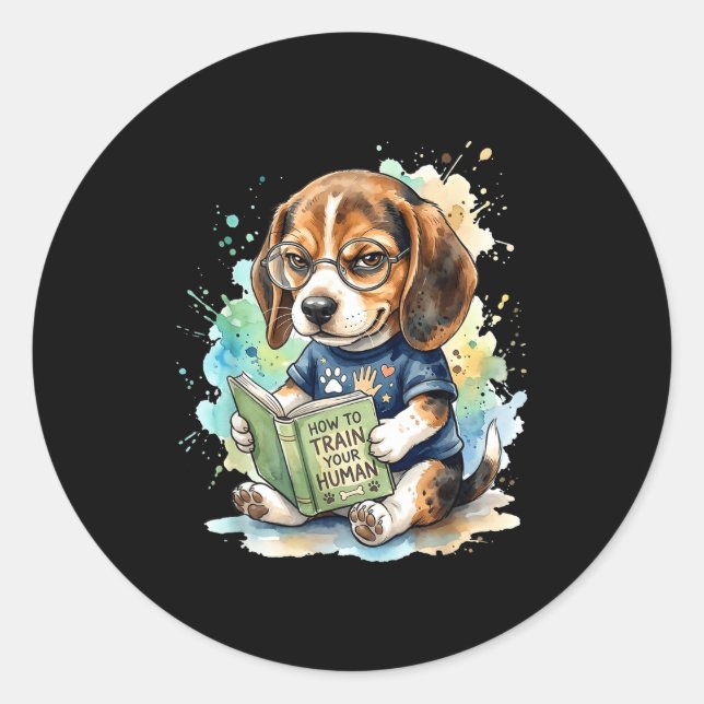 How to train human funny beagle reading book dog classic round sticker (Front)