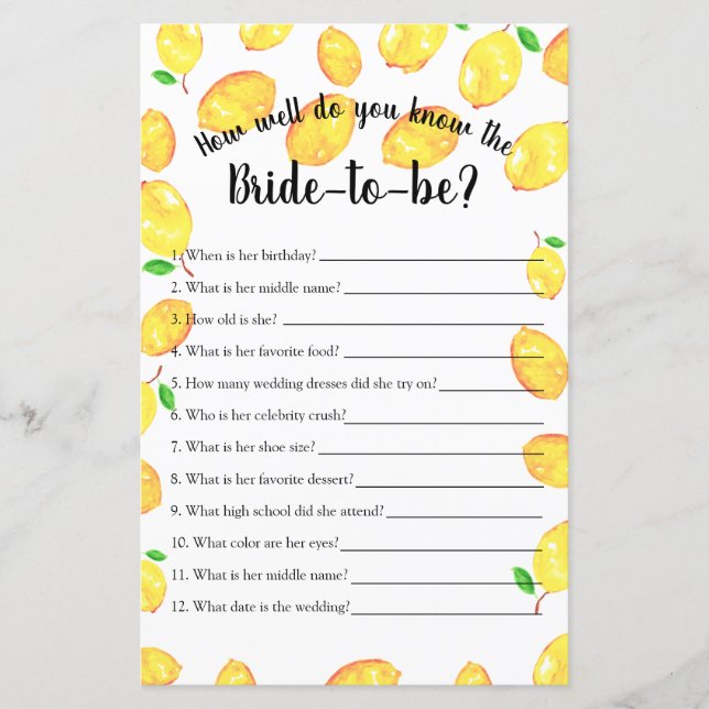 How well do you know Bridal Shower Game Lemon  (Front)