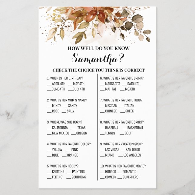 How well do you know Bride Fall Shower Game card (Front)