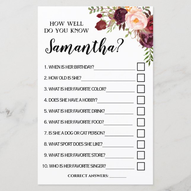 How well do you know Bride Marsala Shower Game (Front)