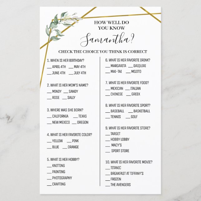 How well do you know bride options shower game (Front)