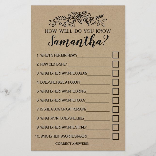 How Well Do You Know Bride Shower Rustic Game Card (Front)