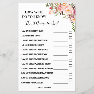 How Well Do You Know Mom Baby Shower Game Card