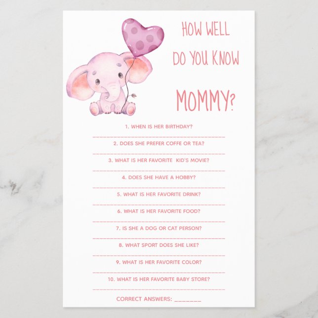  How Well Do You Know Mom Baby Shower Game Card (Front)