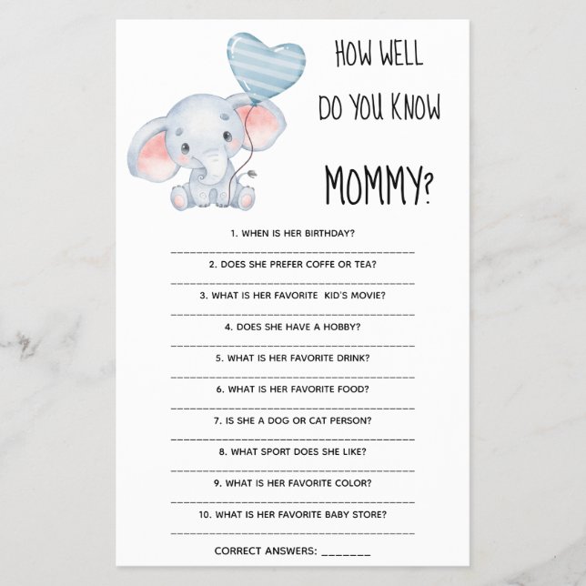  How Well Do You Know Mom Baby Shower Game Card (Front)