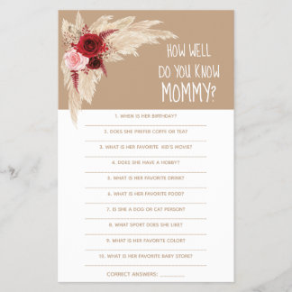  How Well Do You Know Mom Baby Shower Game Card Fl