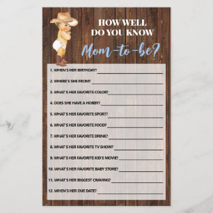How Well Do You Know Mom Cowboy Shower Game Card