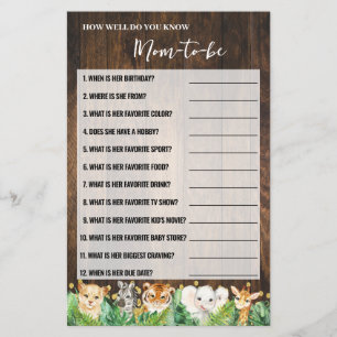 How Well Do You Know Mom Safari Baby Shower Game Flyer