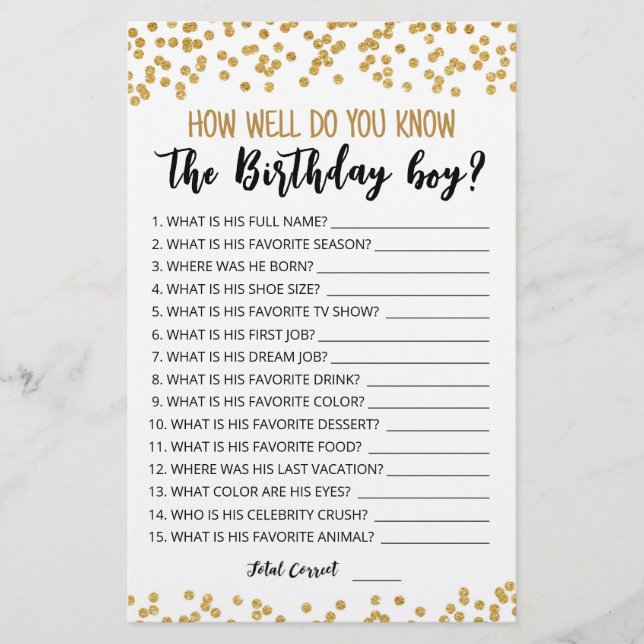 How well do you know the Birthday boy game (Front)