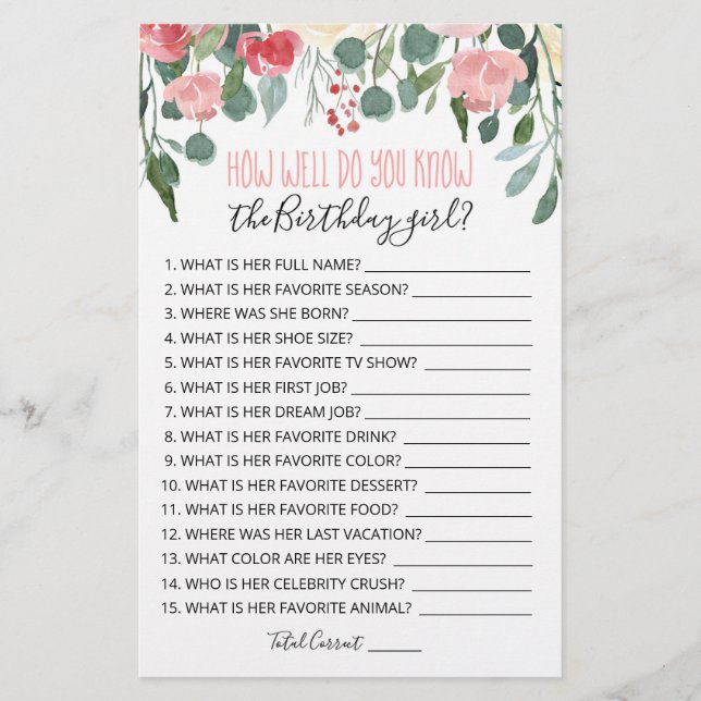 How well do you know the Birthday girl game (Front)