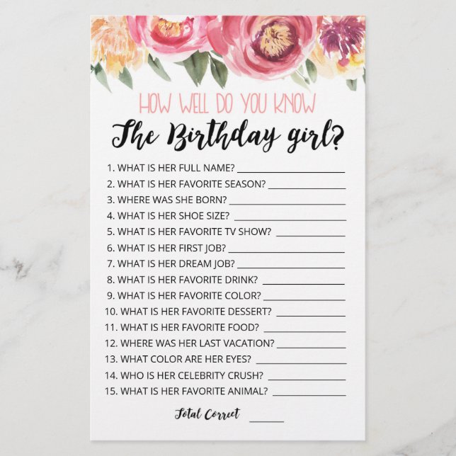 How well do you know the Birthday girl game (Front)
