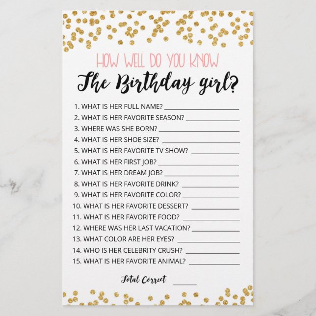 How well do you know the Birthday girl game (Front)