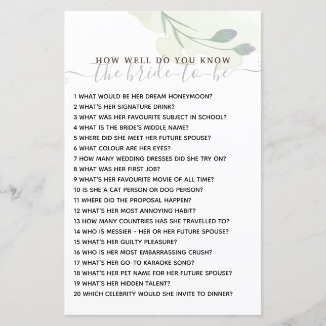 How Well Do you Know The Bride Bridal Shower Game (Front)