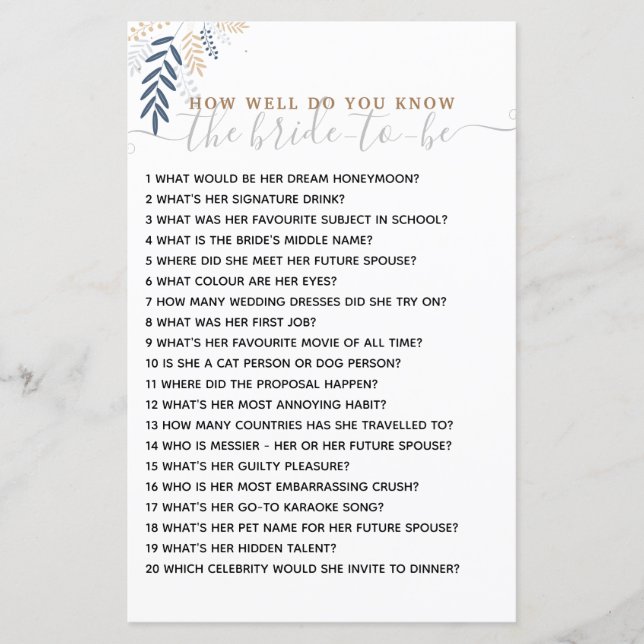 How Well Do you Know The Bride Bridal Shower Game (Front)