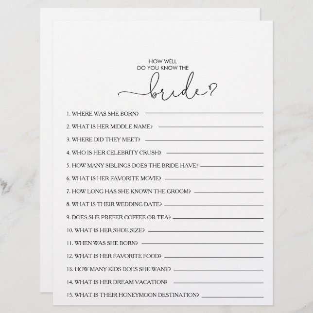How Well Do You Know the Bride Bridal Shower Game (Front/Back)
