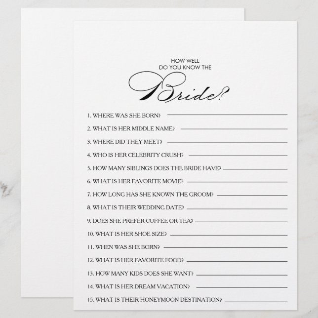 How Well Do You Know the Bride Bridal Shower Game (Front/Back)