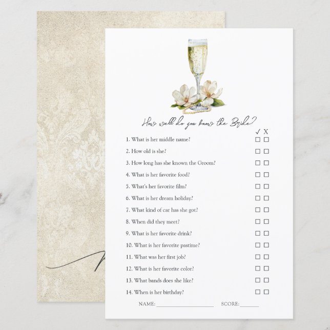 How Well Do You Know the Bride? Bridal Shower Game (Front/Back)
