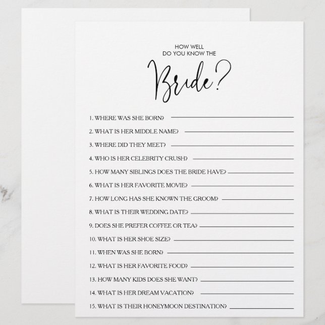 How Well Do You Know the Bride Bridal Shower Game (Front/Back)