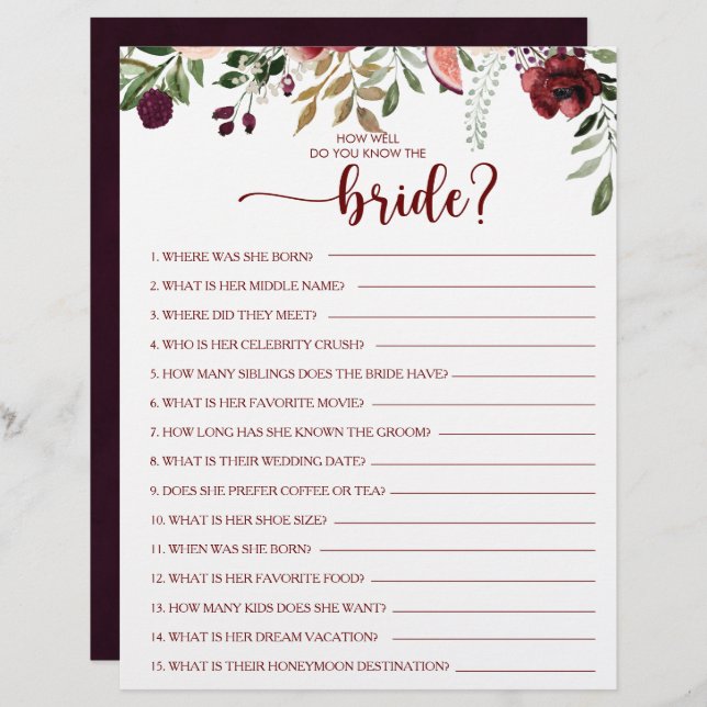 How Well Do You Know the Bride Bridal Shower Game (Front/Back)