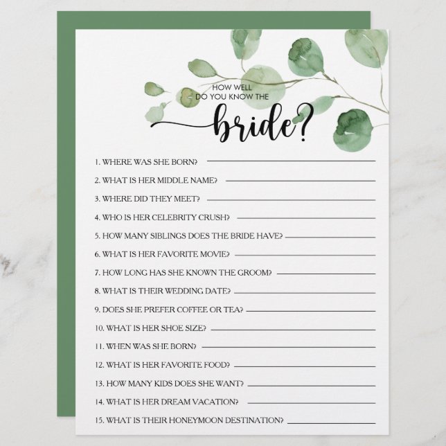 How Well Do You Know the Bride Bridal Shower Game (Front/Back)