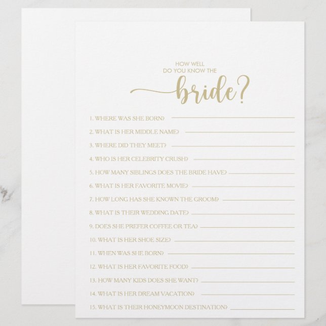 How Well Do You Know the Bride Bridal Shower Game (Front/Back)
