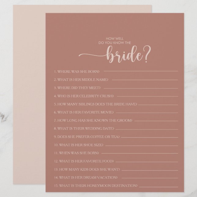 How Well Do You Know the Bride Bridal Shower Game (Front/Back)
