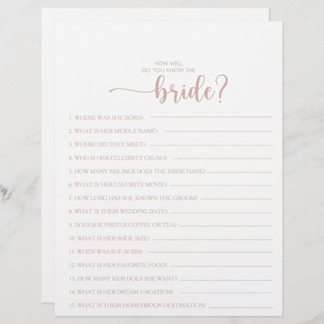 How Well Do You Know the Bride Bridal Shower Game (Front/Back)