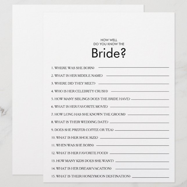 How Well Do You Know the Bride Bridal Shower Game (Front/Back)