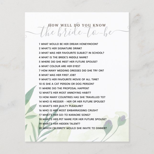 How Well Do you Know The Bride Bridal Shower Game (Front)