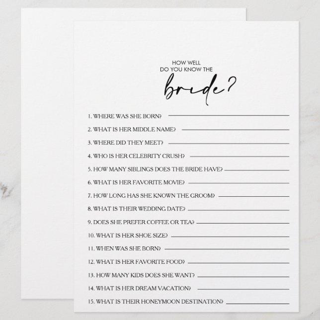 How Well Do You Know the Bride Bridal Shower Game (Front/Back)