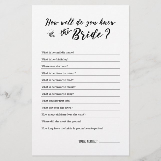 How Well Do You Know The Bride Game (Front)