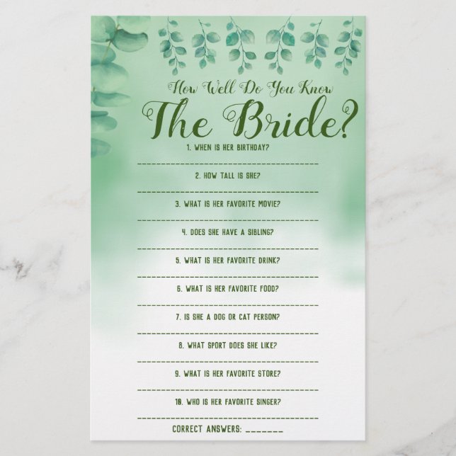 How Well Do You Know The Bride | Game Card (Front)